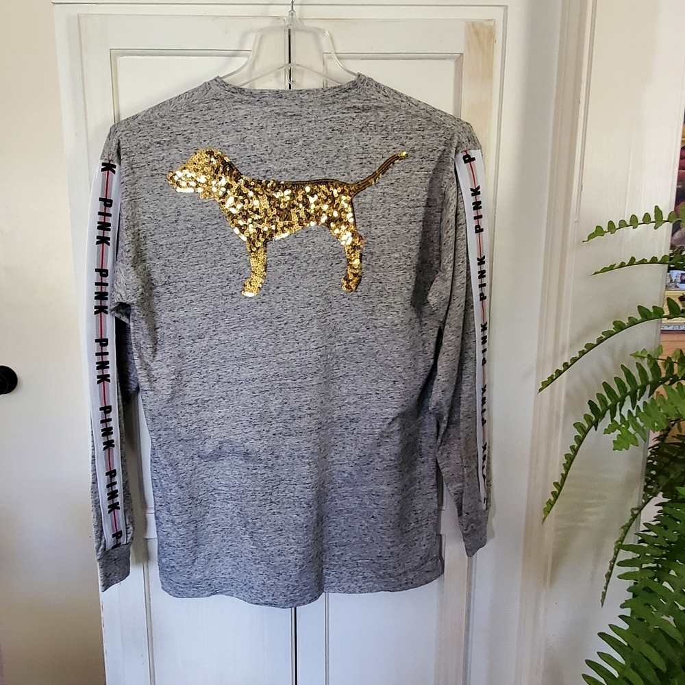 Victoria Secret Pink Dog Bling Campus Tee Shirt Gray Striped Long Sleeves